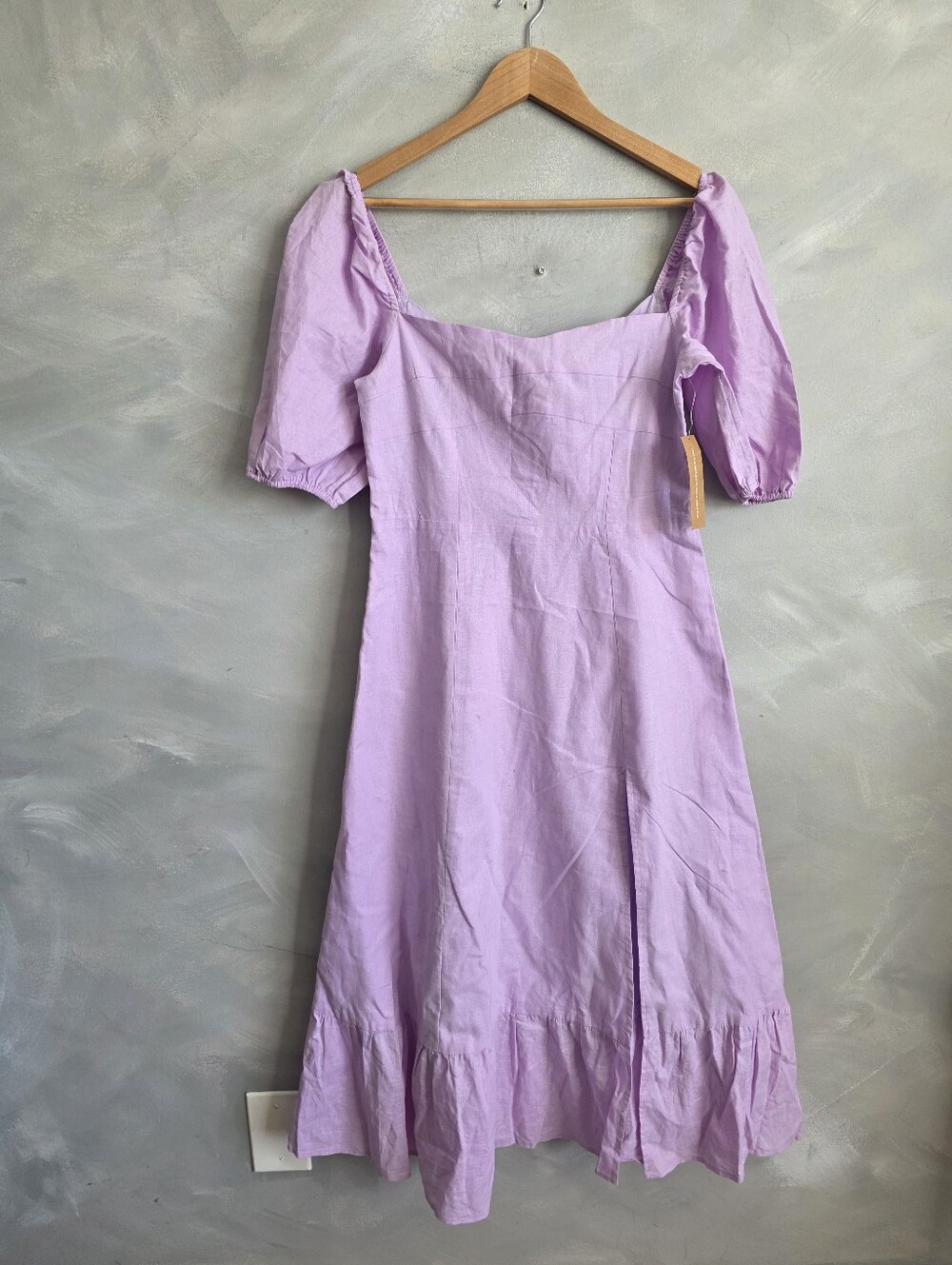 o.p.t. Lilac Cotton Linen Blend Smocked Midi Dress Puff Sleeve Size L NWT